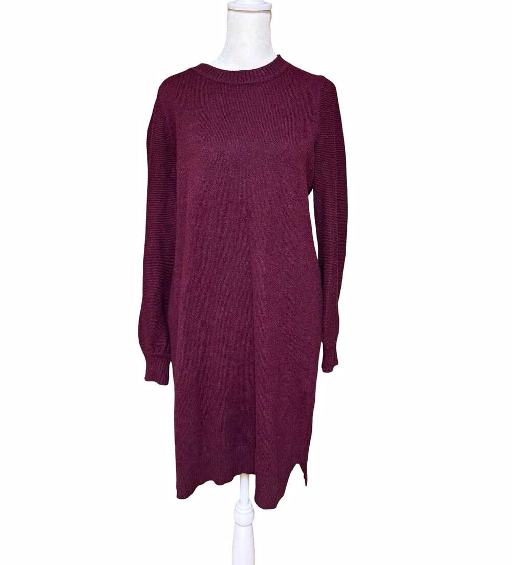 LOFT Burgundy Knit Sweater Dress Crew Neck Long Sleeve Knee Length Size M